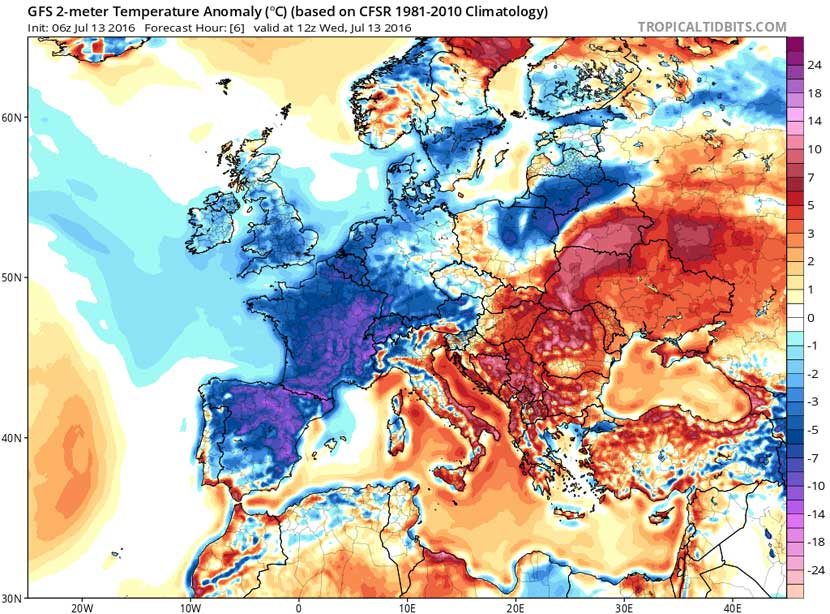 Anomalías de temperatura a 2 metros de suelo a las 12 UTC de hoy 13 de julio de 2016, 12 UTC. Modelo GFS.