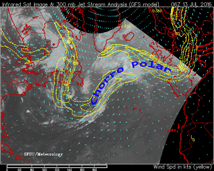 Imagen infrarroja y localización e intensidad de la Corriente en Chorro Polar, en análisis del modelo GFS, 13 julio 2016, 06 UTC.