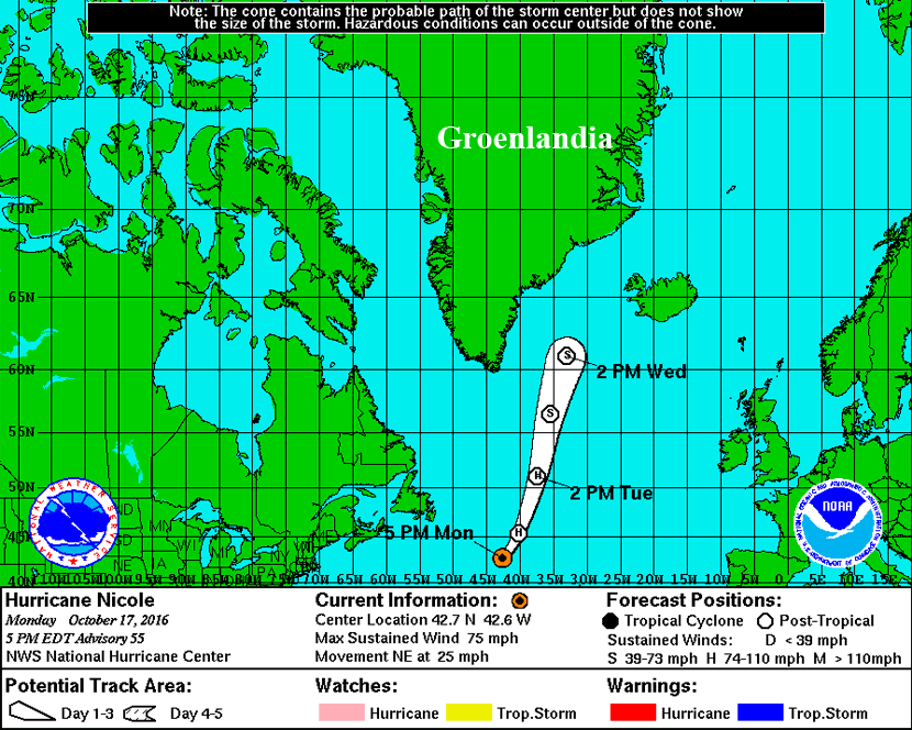 Cono de incertidumbre, en previsión a 5 días, para el centro del ciclón post-tropical NICOLE. Crédito: Centro Nacional de Huracanes de Florida.