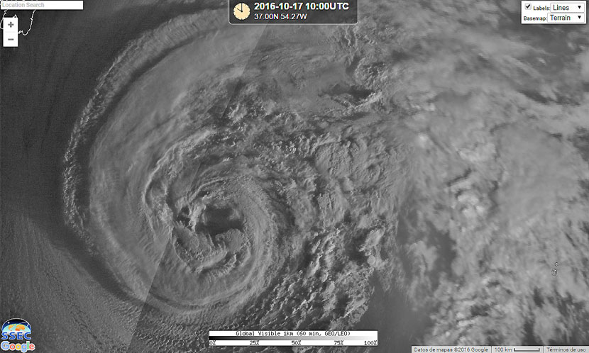 Imagen visible del que todavía era huracán NICOLE, ayer 17 de octubre de 2016 a las 10 UTC.