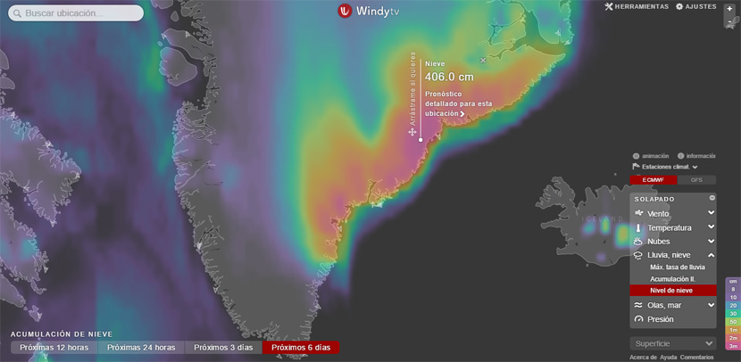 Acumulación de nieve en Groenlandia en los próximos 6 días, en pronóstico del modelo IFS del ECMWF.