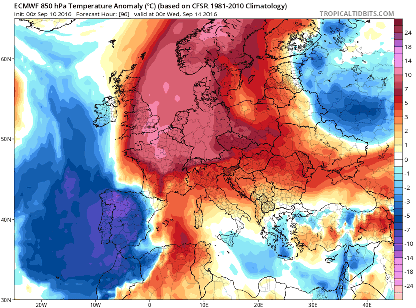 Modelo europeo IFS (ECMWF), previsión de anomalía de temperaturas al nivel de 850 hPa para el 14 de septiembre de 2016, 00 UTC.