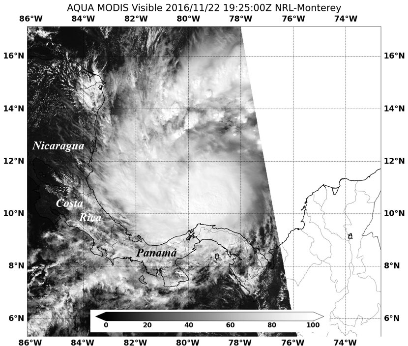 Imagen visible del ciclón tropical Otto, satélite AQUA (sensor MODIS), 22 de noviembre de 2016.