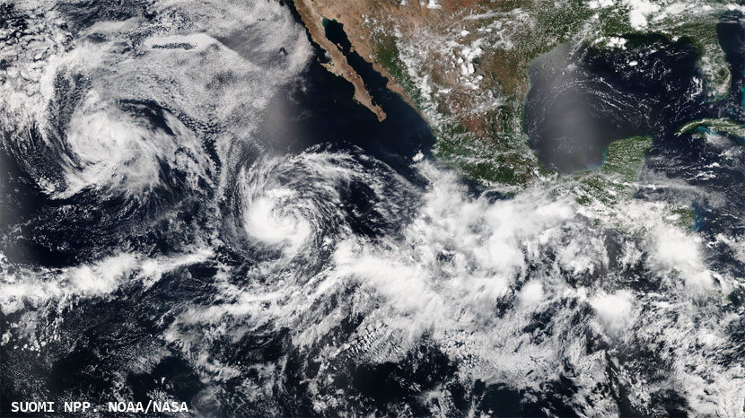 Imagen visible del tren de ciclones tropicales en el Pacífico Nororiental, 9 de julio de 2016. Satélite Suomi NPP. NOAA/NASA.