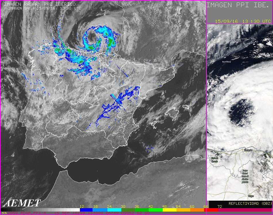 Imagen visible y superposición de imagen mosaico de la red de radares de AEMET. Derecha, imagen visible de alta resolución del satélite AQUA (sensor MODIS), 15 de septiembre de 2016.