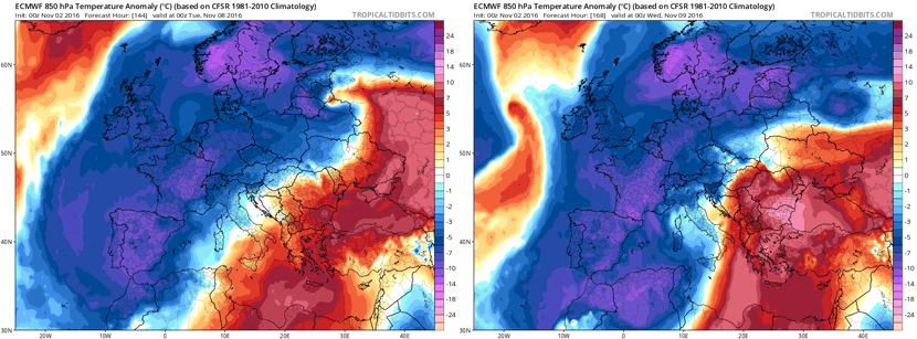 Anomalías de temperatura a 850 hPa previstas por el modelo europeo IFS para los días 8 y 9 de noviembre de 2016.
