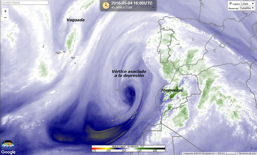 Imagen gradiente de vapor de agua, hoy 4 de mayo de 2016, 16 UTC. Descripción de características.
