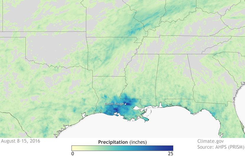 Precipitación total para el periodo 8-15 de agosto de 2016. Más de 600 mm. de lluvia se registraron en zonas del sureste de Luisiana, especialmente en Baton Rouge.