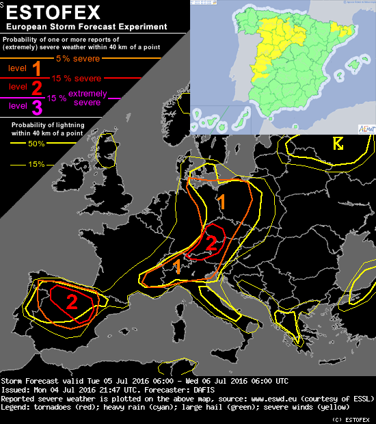 Mapa de ESTOFEX de probabilidad de Fenómenos Meteorológicos Adversos asociados a tormentas, y avisos por tormentas de AEMET, hoy.