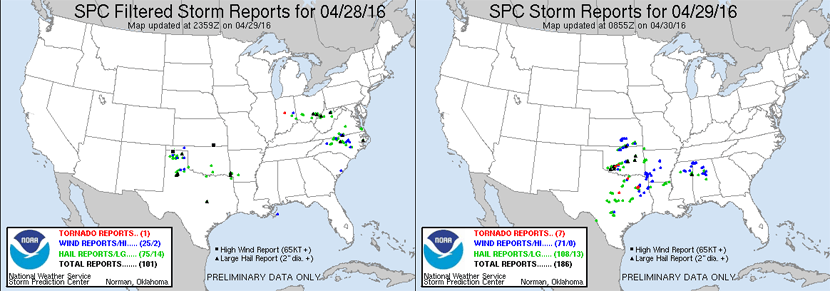 Reportes de fenómenos severos (granizo severo, rachas de viento severas y tornados) en USA, del 28 y 29 de abril de 2016.