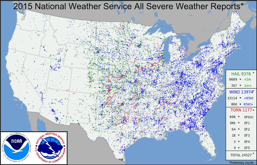Cómputo total de reportes de fenómenos severos (granizo severo, rachas severas de viento y tornados) en USA durante 2015.