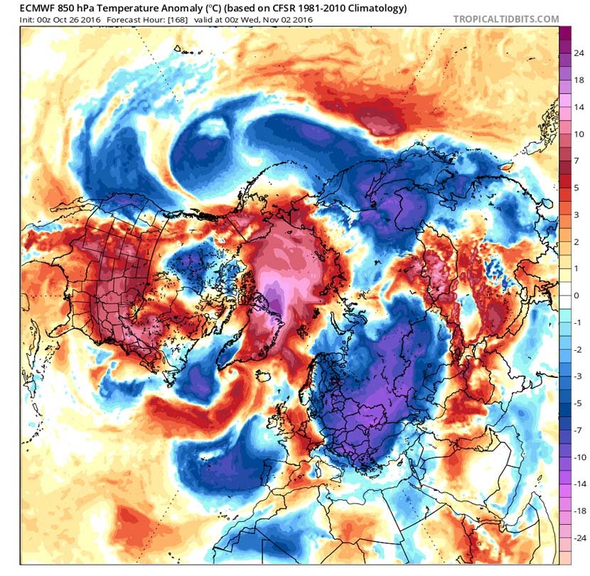 Previsión de anomalías de temperatura a 850 hPa según el modelo europeo IFS del ECMWF, 2 de noviembre de 2016, 00 UTC.