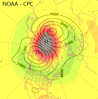 Temperatura (colores sólidos) y altura geopotencial, a 10 hPa. Crédito: NOAA - CPC