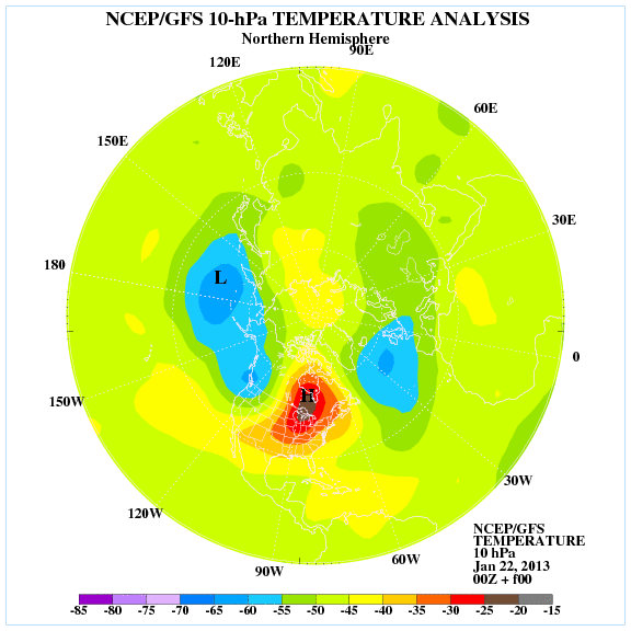 Análisis de temperatura a 10 hPa para el Hemisferio Norte, 22.01.13, 00 UTC.