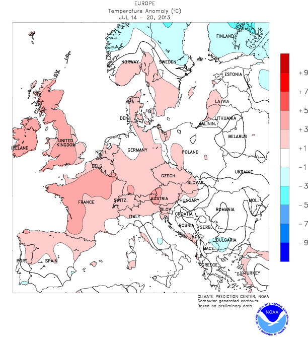 Anomalía media de temperatura en Europa para el periodo 14 al 20 de julio de 2013.