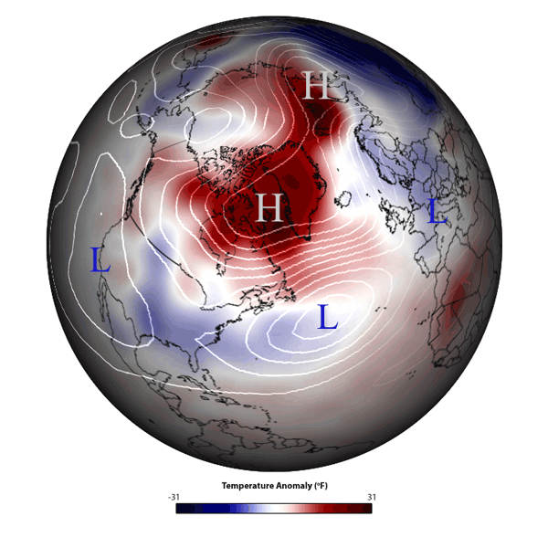 Cambio de fase en el ártico relacionado con calentamientos súbitos estratosféricos e inviernos fríos y húmedos en Europa. Crédito: NOAA.